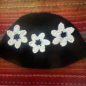 Elegant Black Hat with White Crochet Flowers